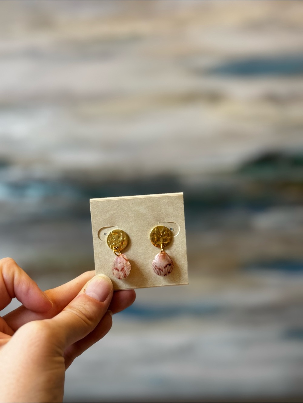 Gold Disc-like Base With Small Soft Pink Dangle Earrings
